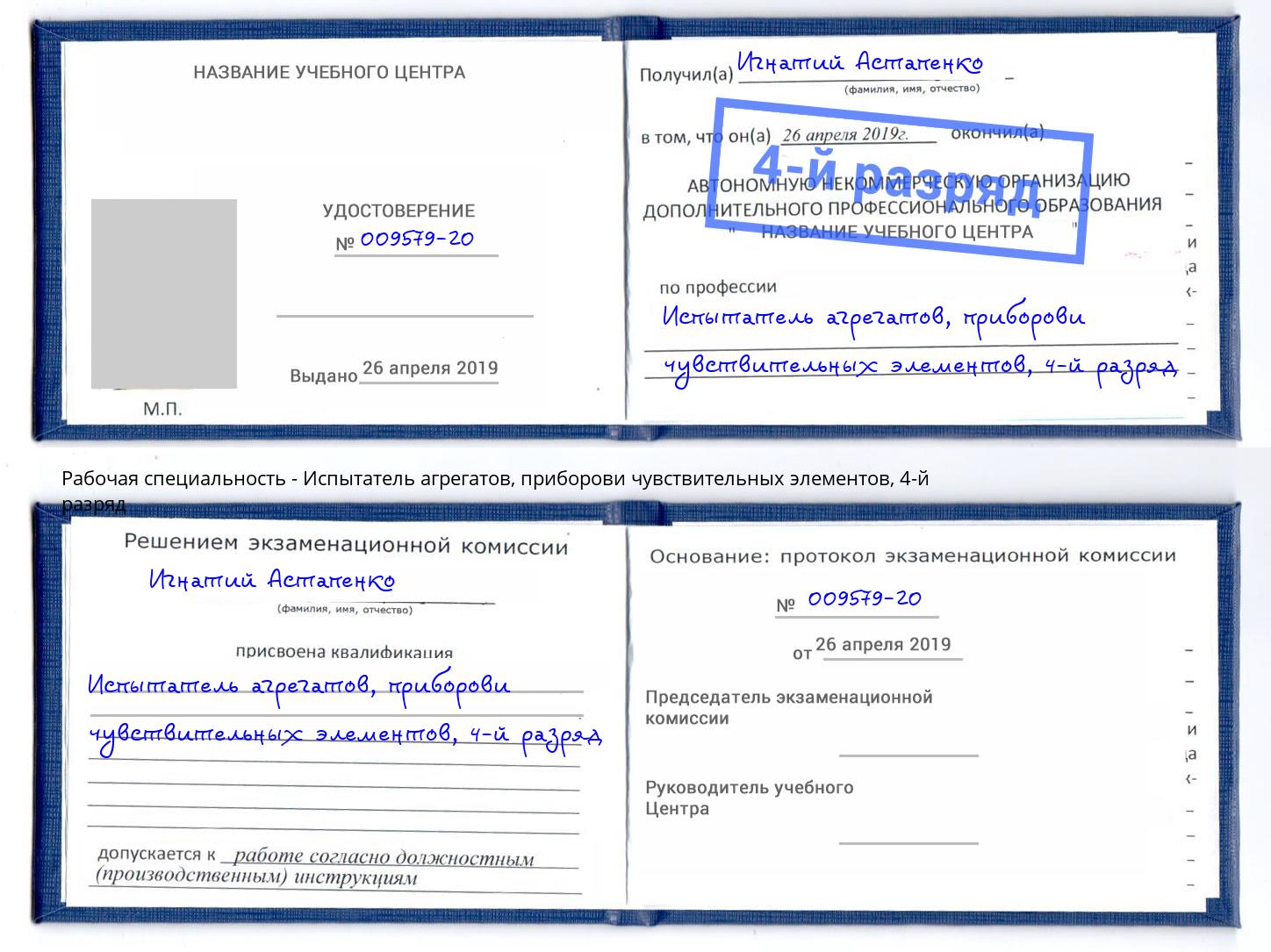 корочка 4-й разряд Испытатель агрегатов, приборови чувствительных элементов Ирбит