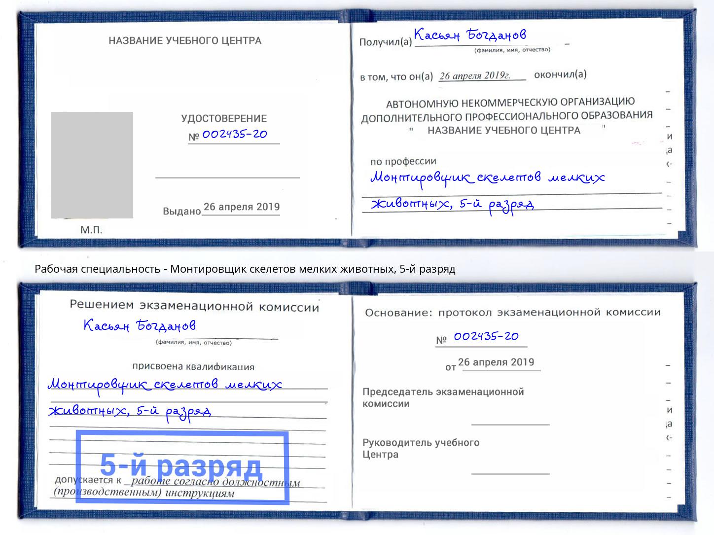 корочка 5-й разряд Монтировщик скелетов мелких животных Ирбит