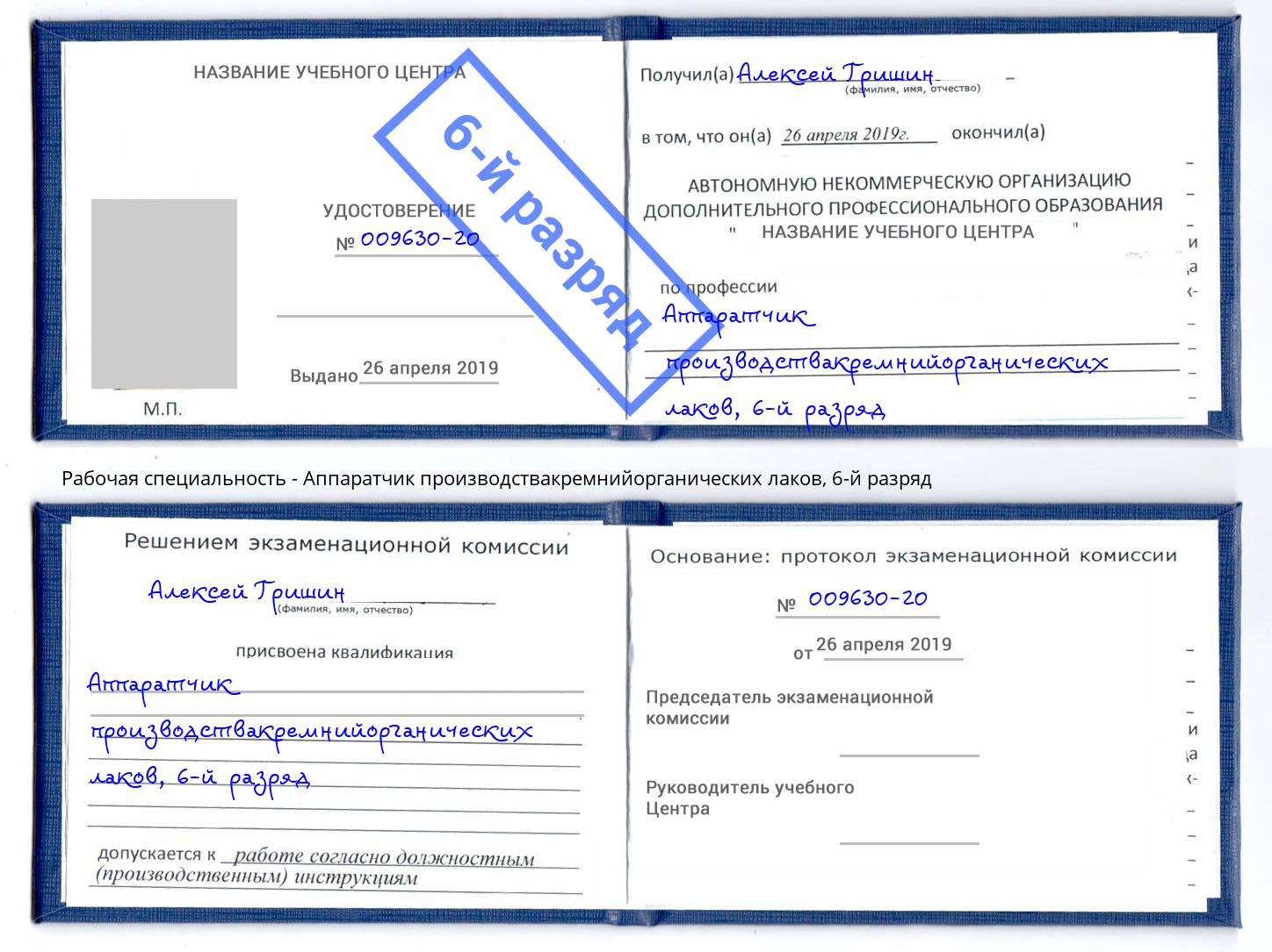 корочка 6-й разряд Аппаратчик производствакремнийорганических лаков Ирбит