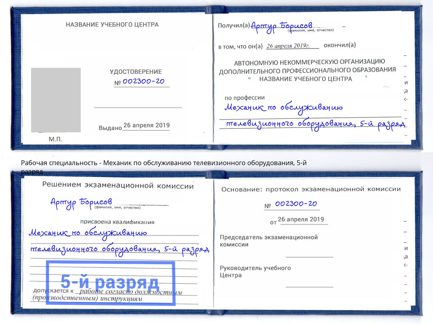 корочка 5-й разряд Механик по обслуживанию телевизионного оборудования Ирбит